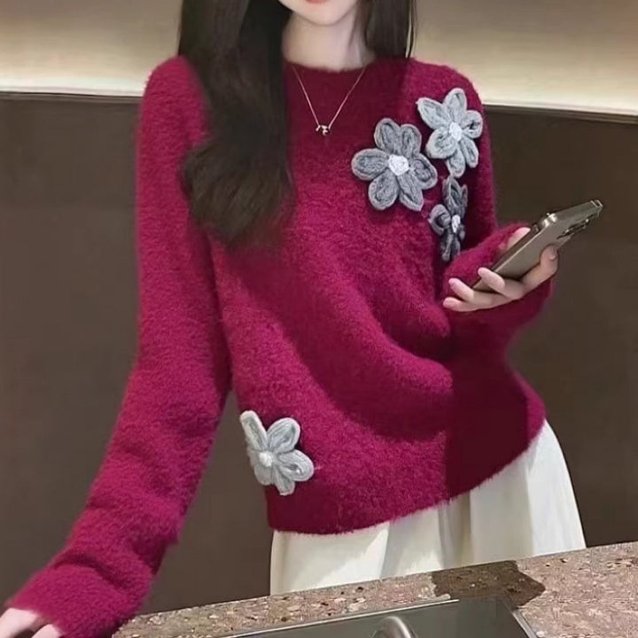 Damen Kuscheliger Pullover mit floralem 3D-Design Drune