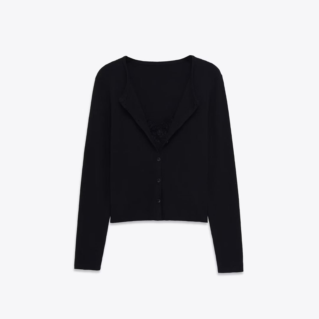 Damen 40+ feiner Strickcardigan mit integriertem Spitzen‑Cami Drune