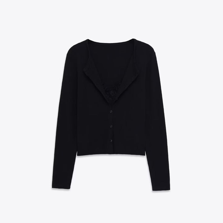Damen 40+ feiner Strickcardigan mit integriertem Spitzen‑Cami Drune