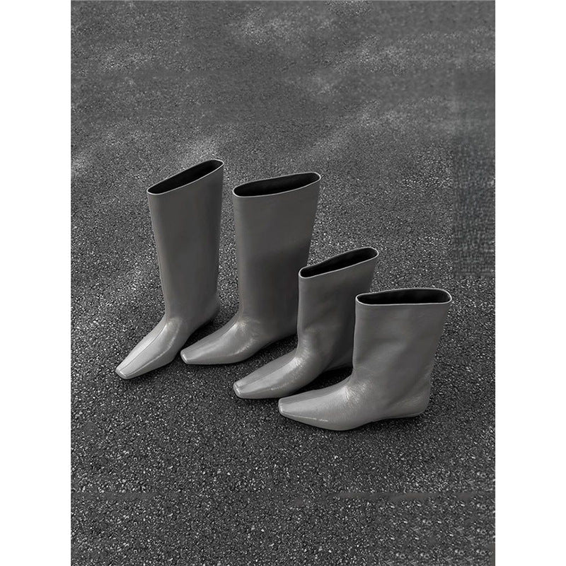 Damen kniehohe Slouch‑Lederstiefel mit quadratischer Zehenform und flachem Absatz Drune