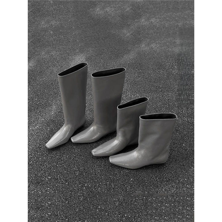 Damen kniehohe Slouch‑Lederstiefel mit quadratischer Zehenform und flachem Absatz Drune