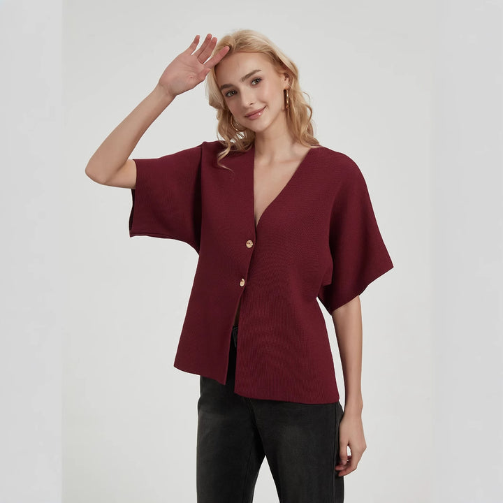 Damen modische Strickjacke mit tiefem V-Ausschnitt und eleganter Knopfleiste Drune