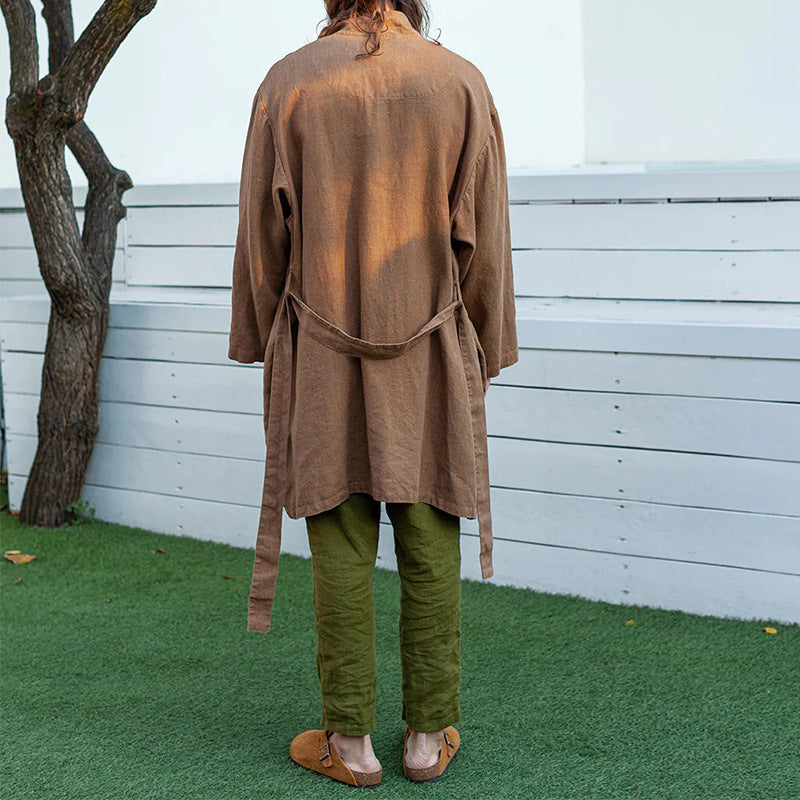 Herren Langer Leinen-Kimono-Mantel im Relaxed Fit mit Bindegürtel Drune