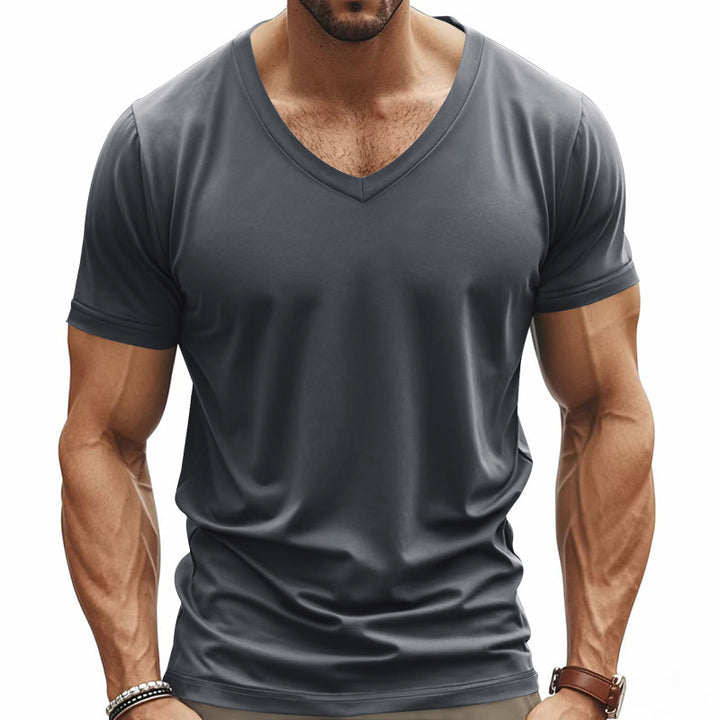 Herren nan V-Ausschnitt-T-Shirt aus Stretchbaumwolle mit ergonomischem Schulterschnitt und flachem Saum Drune
