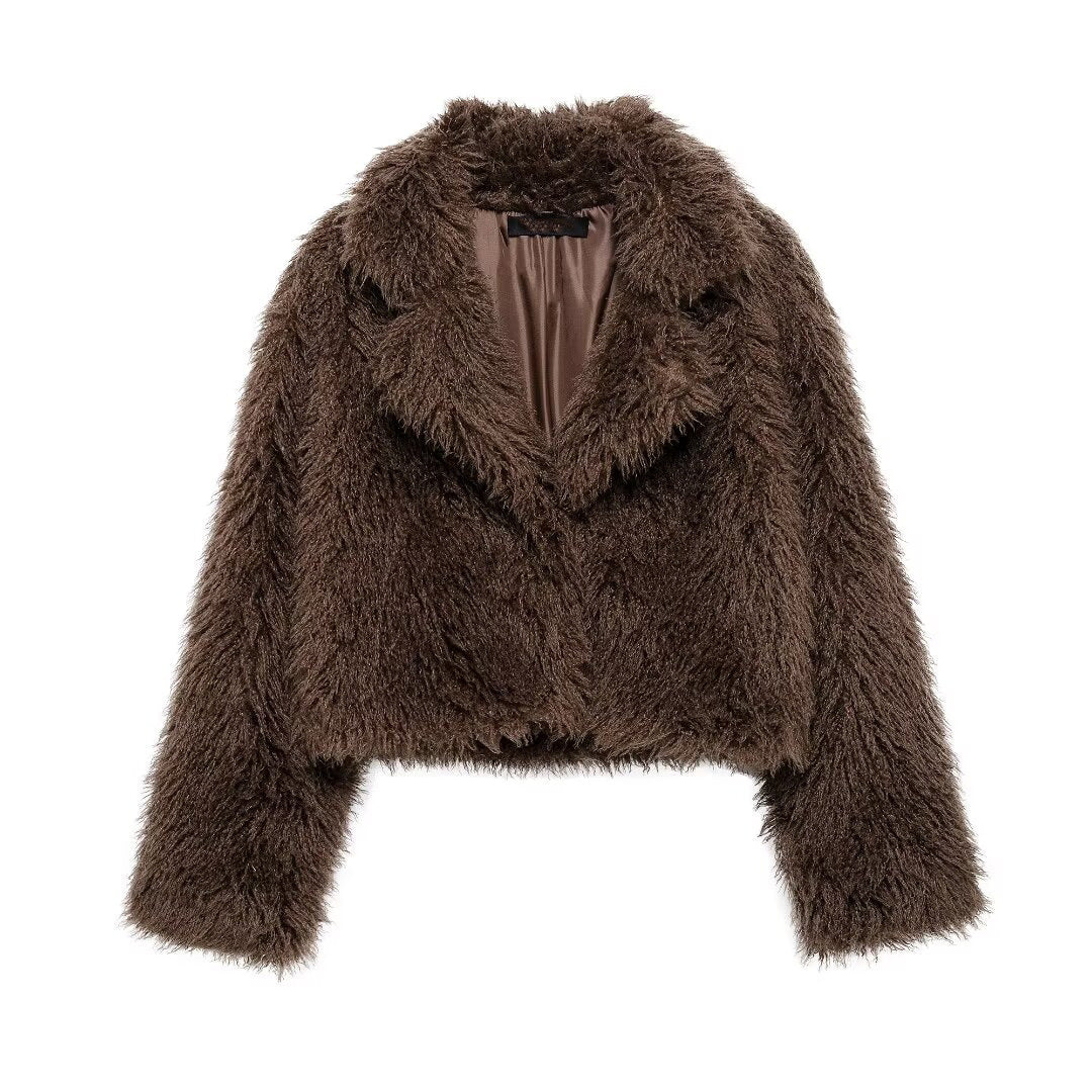 Damen Kurz geschnittene Teddy-Faux-Felljacke mit weitem Reverskragen und soften Flor Drune