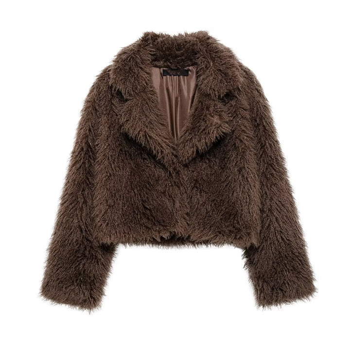Damen Kurz geschnittene Teddy-Faux-Felljacke mit weitem Reverskragen und soften Flor Drune