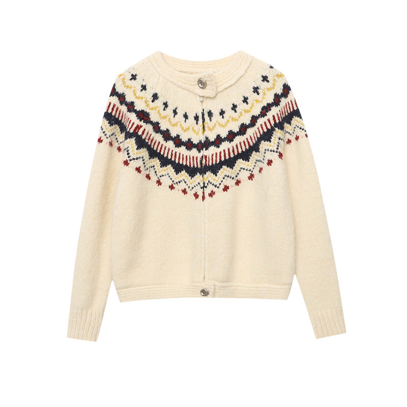 Damen gestrickte Designer-Jacke mit hochgezogenem Kragen und dekorativen Knöpfen Drune