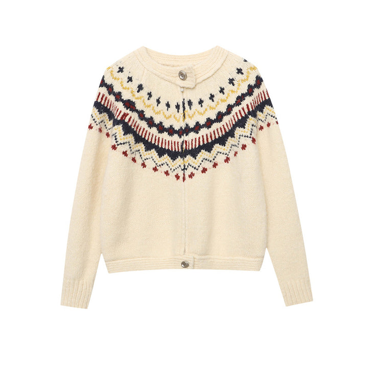 Damen gestrickte Designer-Jacke mit hochgezogenem Kragen und dekorativen Knöpfen Drune