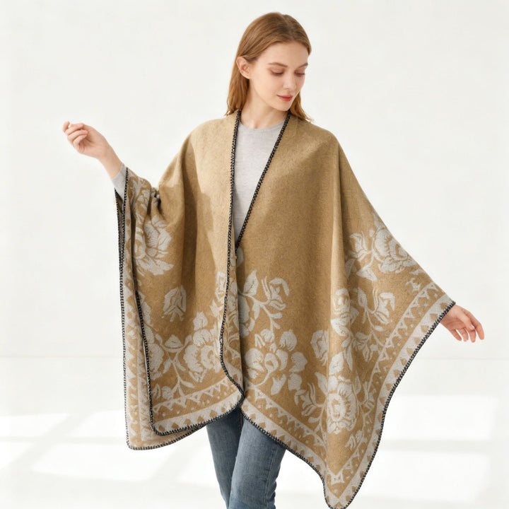 Damen Weicher Oversize-Capeponcho im Blumen-Jacquard mit kontrastierter Kettelkante Drune
