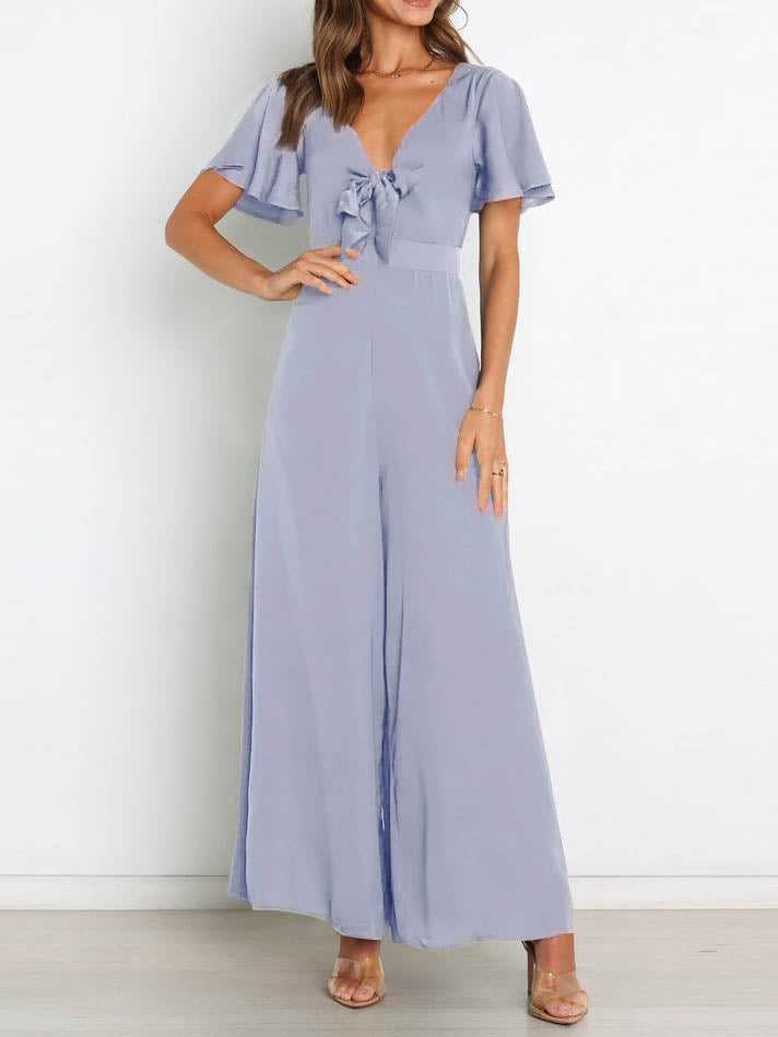 Drune | Kurzarm Breite Beinform Lässig V-Ausschnitt Jumpsuit