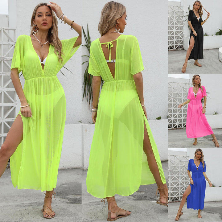 Damen elegantes Maxi-Kleid mit tiefem V-Ausschnitt und fließendem Rock Drune