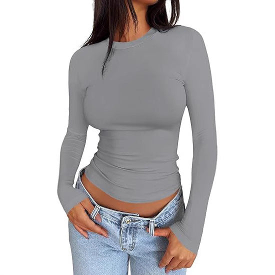 Damen Körpernahes Langarmshirt im Cropped-Look mit verlängerten Ärmeln und Daumenloch Drune