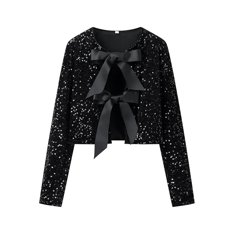 Damen nan kurze Pailletten-Jacke mit zweifacher Satin-Schleifenfront und Rundhalsausschnitt Drune