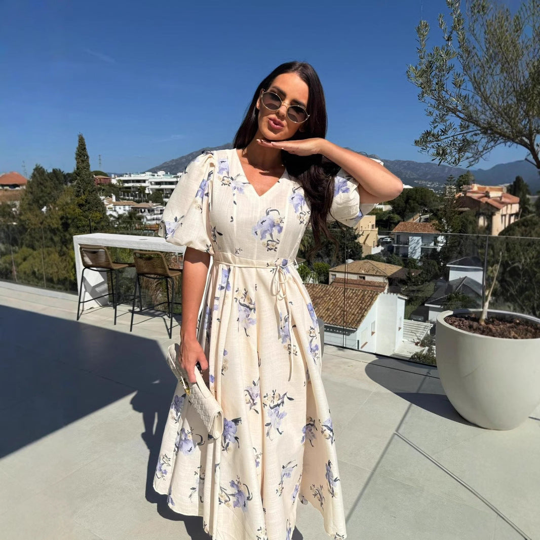 Damen Maxikleid mit elegantem V-Ausschnitt und voluminösen Puffärmeln Drune