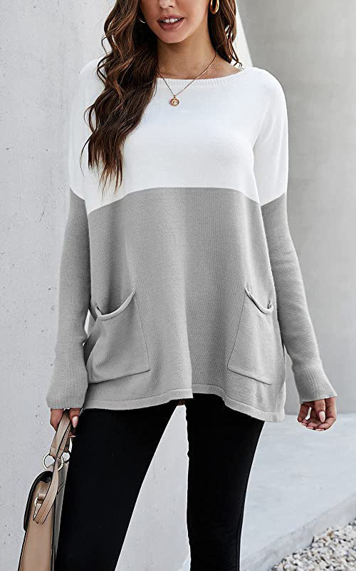 Damen Strickpullover mit großen Fronttaschen und kontrastiertem Design Drune