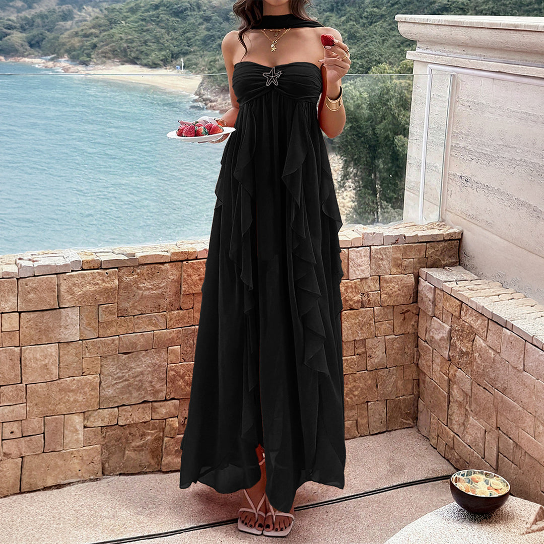 Damen Maxikleid mit schwingendem Rüschendesign und elegantem Bustier Drune