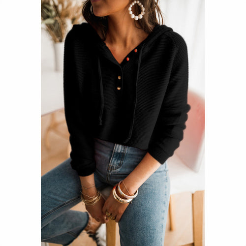 Damen cropped Kapuzenpullover mit strukturiertem Stoff und dekorativen Knöpfen Drune