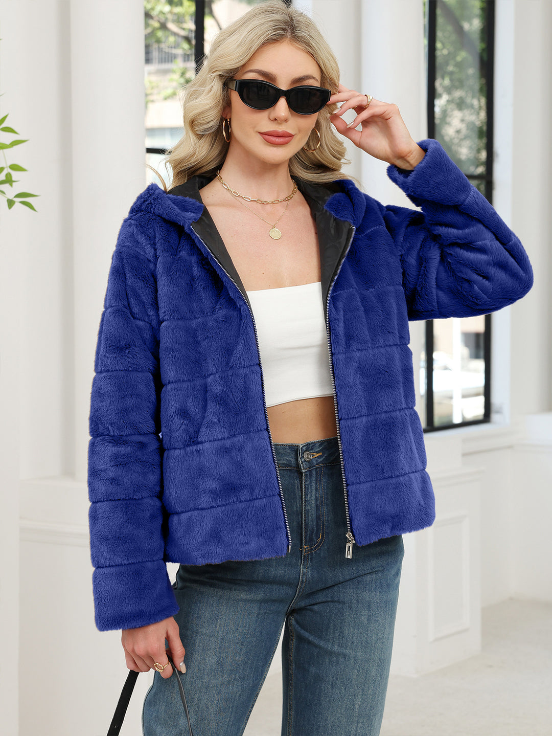 Damen Kuschelige Oversized-Fleecejacke mit Reißverschluss und Kapuze Drune
