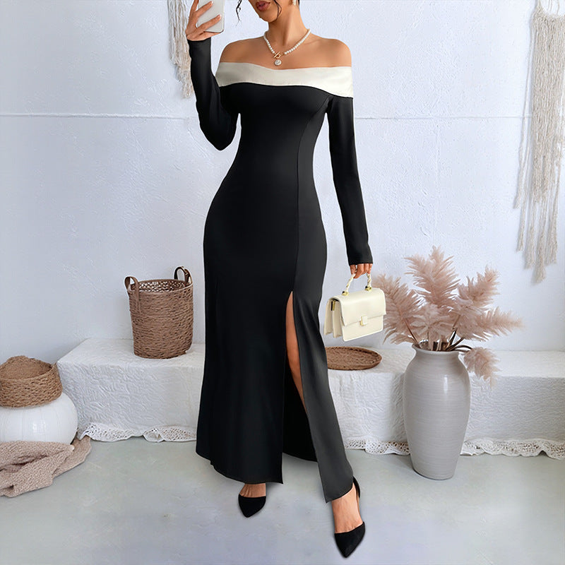 Damen Elegantes Off-Shoulder Maxikleid mit Rüschen und Hohem Schlitz Drune