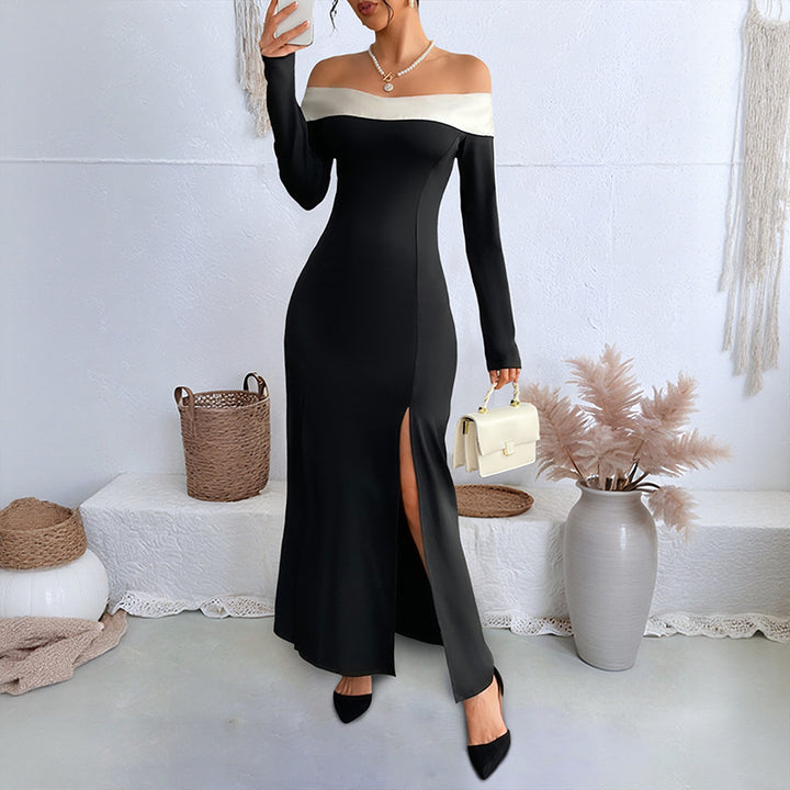 Damen Elegantes Off-Shoulder Maxikleid mit Rüschen und Hohem Schlitz Drune