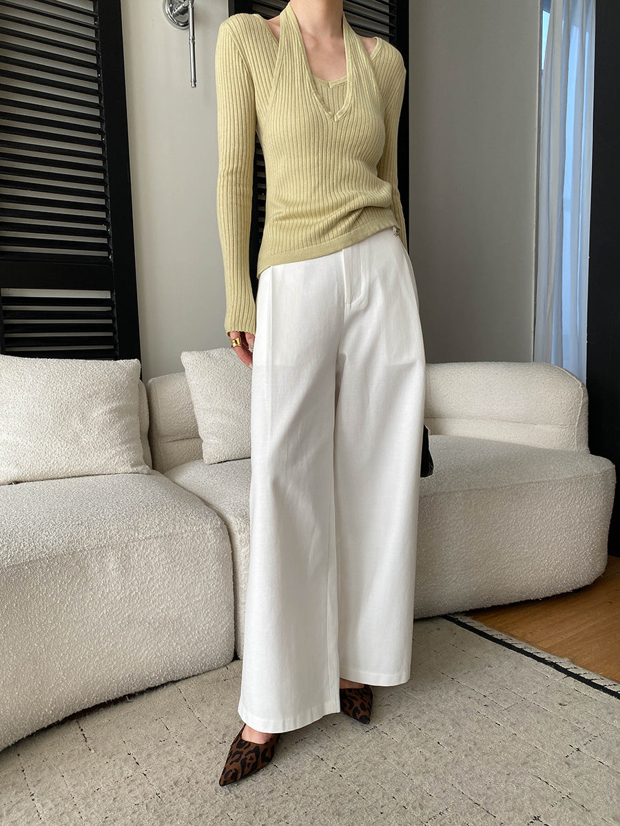Damen eleganter V-Ausschnitt Rippenshirt mit langen Ärmeln und Untertop Drune