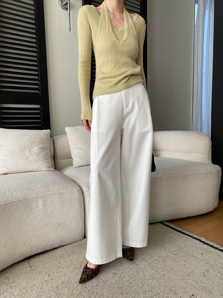 Damen eleganter V-Ausschnitt Rippenshirt mit langen Ärmeln und Untertop Drune