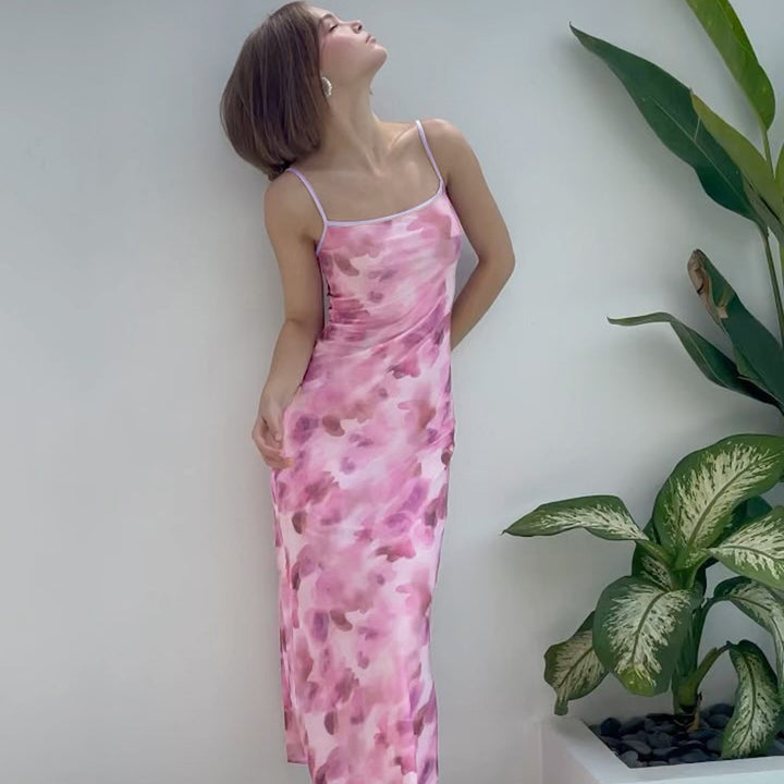 Damen Maxikleid mit zarten Spaghetti-Trägern und floralem Muster Drune