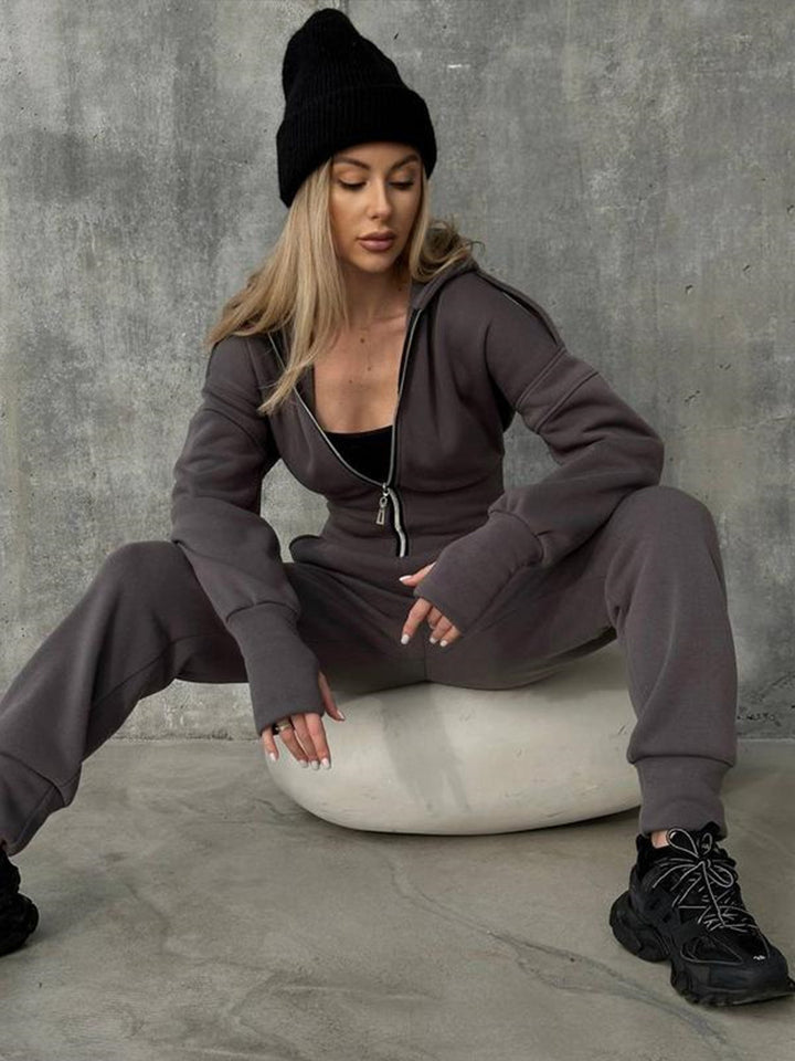 Damen Figurbetontes Kapuzen-Loungewear-Set mit tailliertem Zip-Hoodie und High-Waist Jogginghose Drune