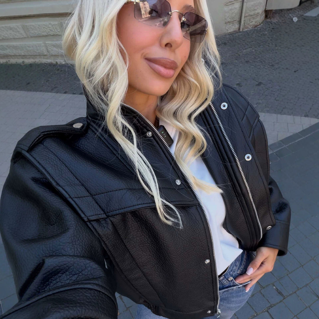 Damen Kurzer Cropped Kunstleder‑Blouson mit wattierter Schulterpartie und Funnelkragen Drune