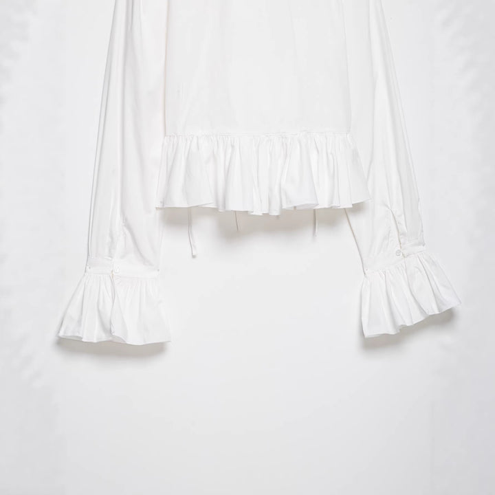 Damen Kurze geraffte Bluse mit Kordelzug, Rüschen und Ballonärmeln Drune