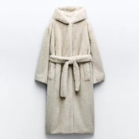 Damen Kapuzenmantel aus Kunstfell mit Taillengürtel und extraweichem Teddy-Finish Drune