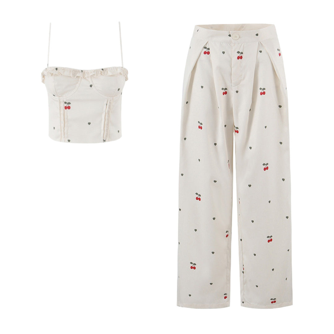 Damen weite High‑Waist Hose mit Kirschenprint und Bundfalten Drune