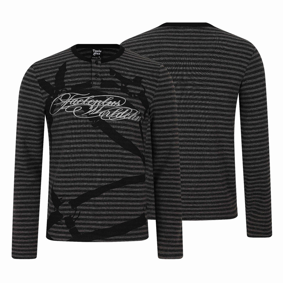 Herren Gestreiftes Longsleeve-Henley mit Knopfleiste und Typo-Print Drune