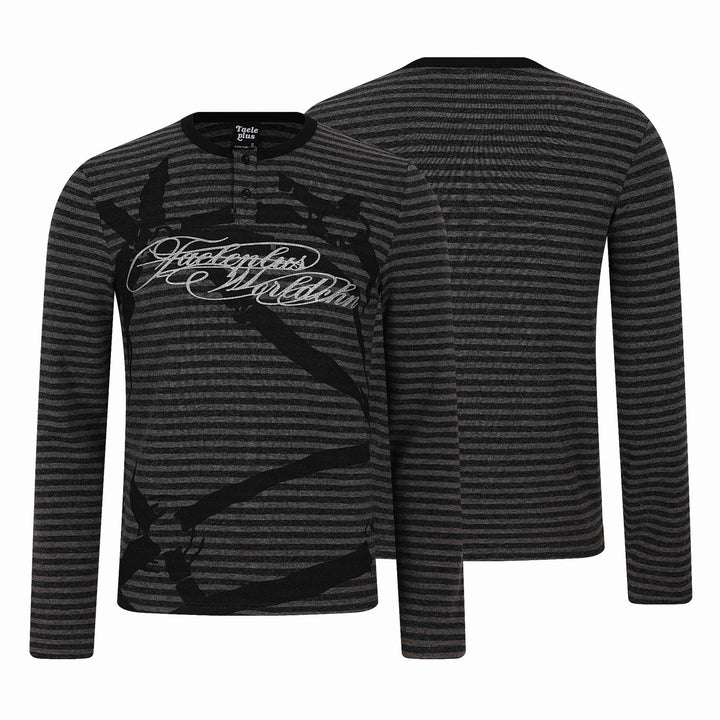 Herren Gestreiftes Longsleeve-Henley mit Knopfleiste und Typo-Print Drune