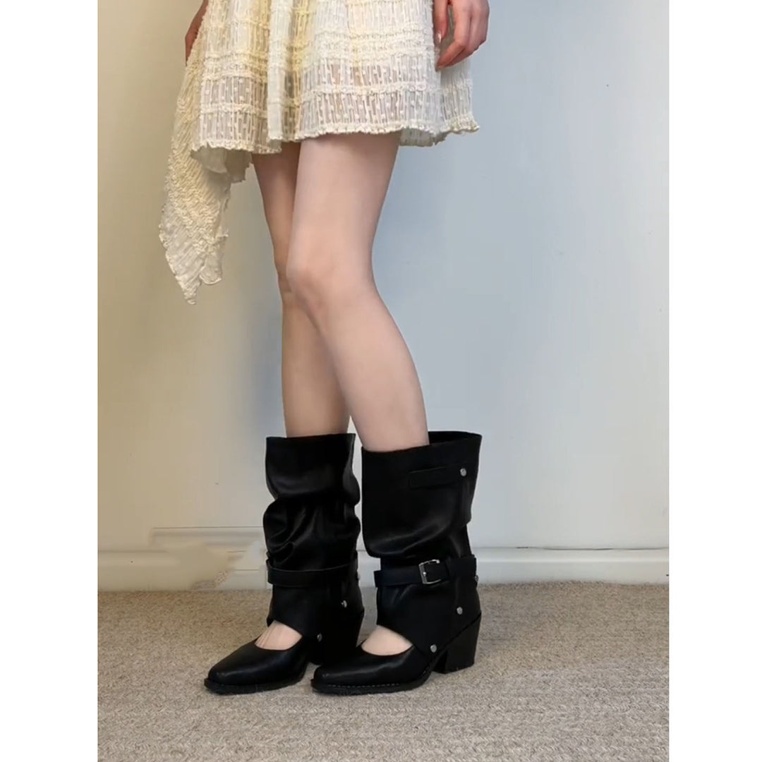 Damen Modische Stiefeletten mit hohem Schaft und Riemen Drune