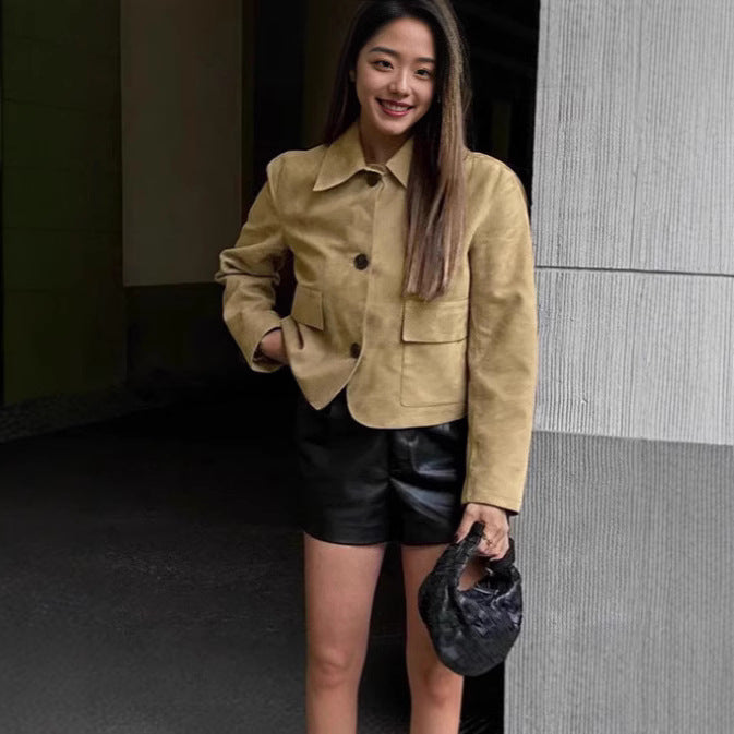 Damen Elegante Kunstlederjacke mit angedeuteten Taschen Drune