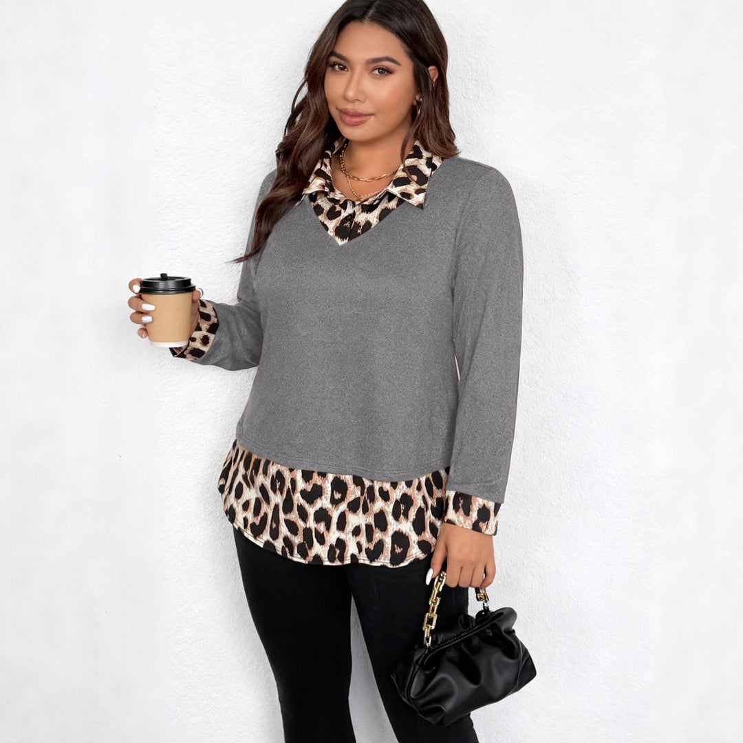 Damen Lagenlook-Pullover mit V-Ausschnitt und Leoprint-Blusen-Einsatz Drune