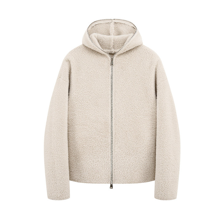 Damen Kurz geschnittene Teddy-Fleece-Kapuzenjacke mit Metall-Reißverschluss Drune