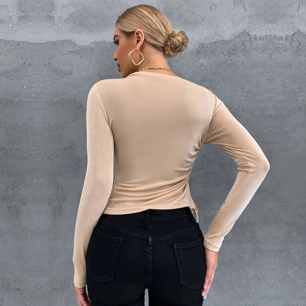Damen figurbetontes Langarm-Top mit seitlicher Raffung, Tunnelzug und schmeichelnder Sculpting‑Passform Drune