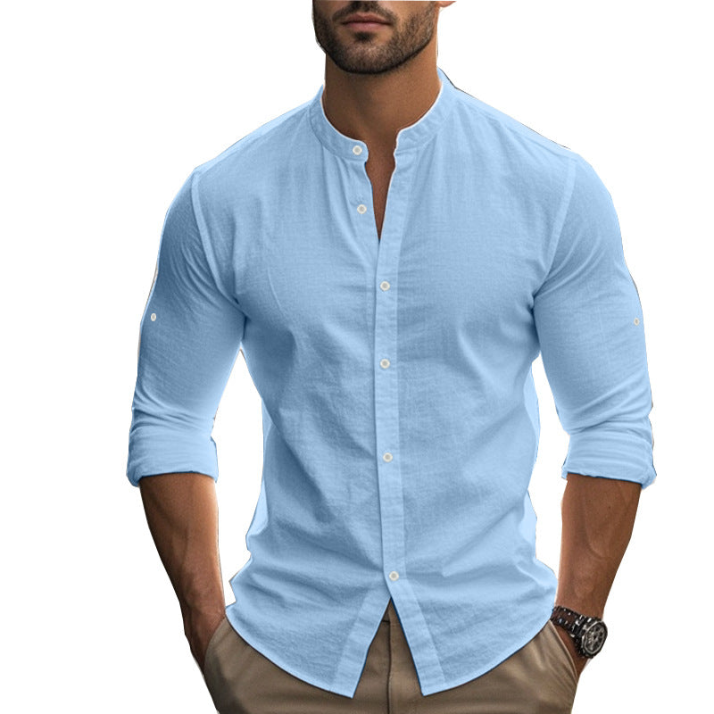 Herren Langarm-Hemd mit modernem Henley-Kragen und kontrastierenden Knopfdetails Drune