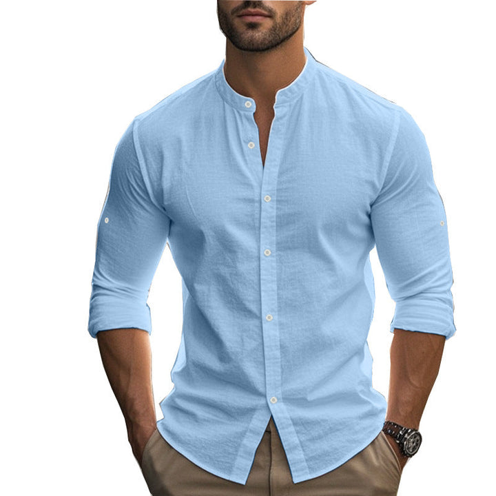 Herren Langarm-Hemd mit modernem Henley-Kragen und kontrastierenden Knopfdetails Drune