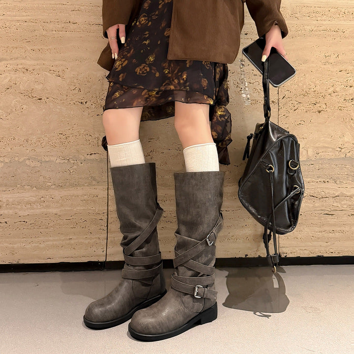 Damen Wadenhohe Bikerstiefel mit Wickelriemen und verstellbaren Schnallen Drune