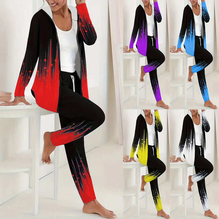 Damen Zweiteiliges Lounge-Set mit Kapuzenjacke und Tunnelzug-Jogginghose mit digitalem Verlaufprint Drune