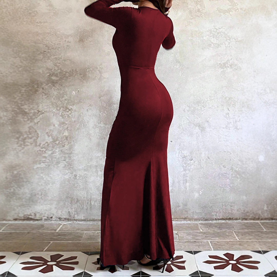 Damen nan eng anliegendes Abendkleid mit langen Ärmeln, geraffter Taille und asymmetrischem Volant Drune