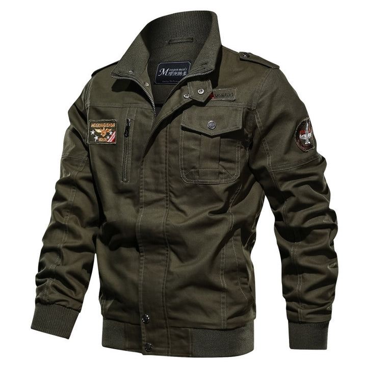 Herren Canvas‑Bomberjacke im Military‑Stil mit Schulterklappen und Pattentaschen Drune