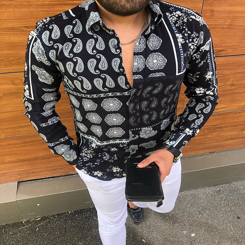 Herren Langärmeliges Patchwork-Hemd mit Paisley- und Blumenprint Drune