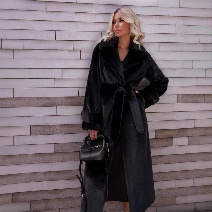 Damen Eleganter Maxi-Wollmantel mit Taillengürtel, breitem Revers und krempelbaren Manschetten Drune
