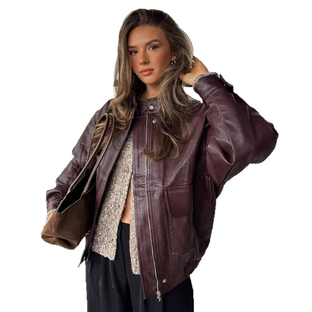 Damen Oversize Lederimitat-Blouson mit Sherpa-Futter, praktischen Pattentaschen & Zweiwege-Reißverschluss Drune