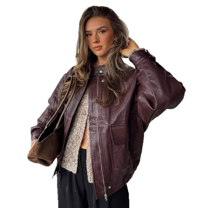 Damen Oversize Lederimitat-Blouson mit Sherpa-Futter, praktischen Pattentaschen & Zweiwege-Reißverschluss Drune