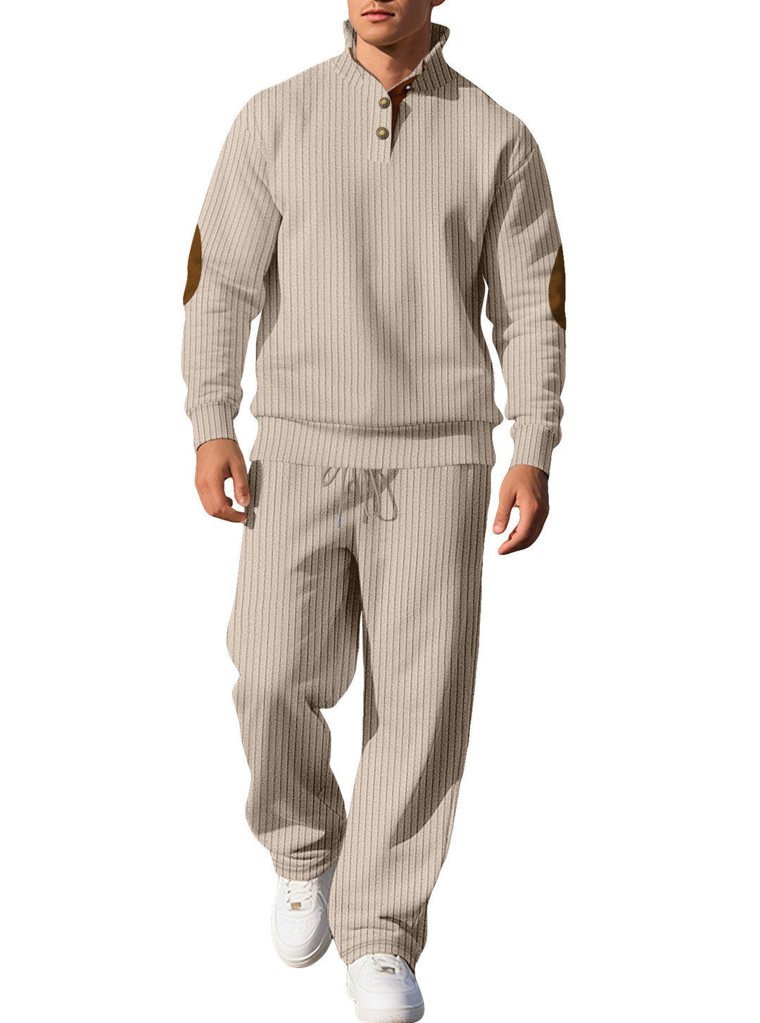 Herren nan feiner Rippstrickpullover mit halber Knopfleiste hohem Stehkragen und kontrastierendem Suedine-Ellbogenbesatz Drune
